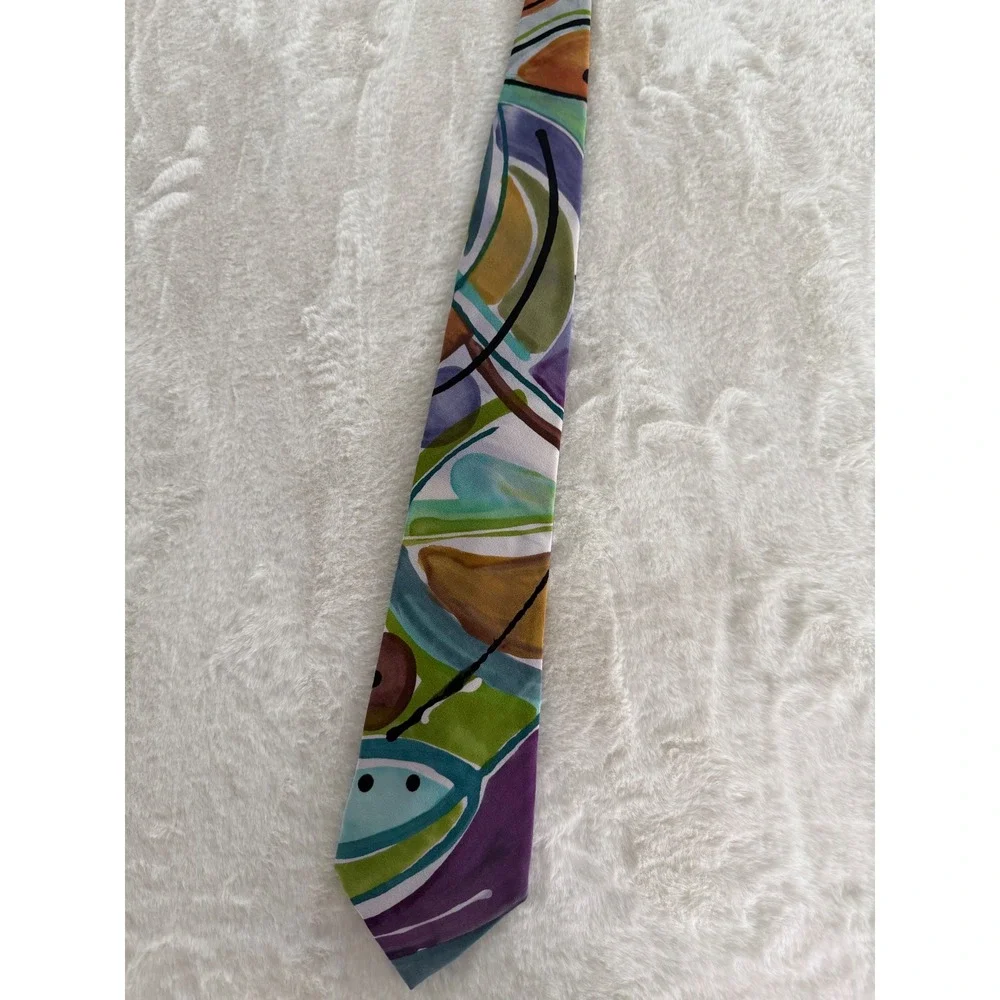 Iro Hand Painted Silk Tie Abstract Geometric Multi Color Purple Green Art‎